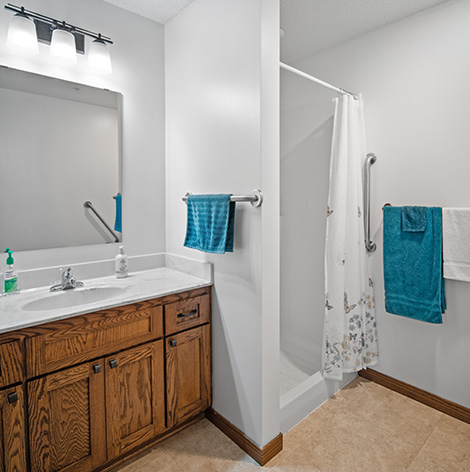 Assisted living apartment bathroom at the Lodge of Howard Lake in Howard Lake, Minnesota.