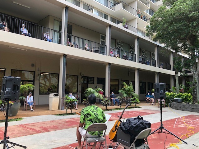 The spacious outdoor courtyard is the perfect place to host concerts for residents at Good Samaritan Society - Pohai Nani in Kaneohe, Hawaii.