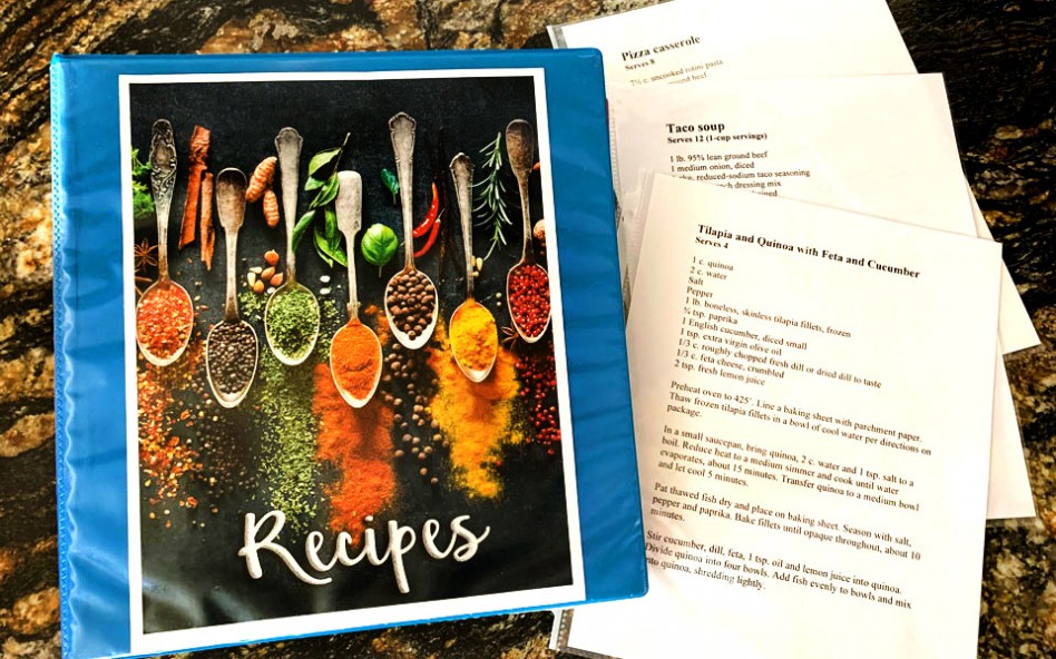 Recipe binder with recipes in plastic sleeves